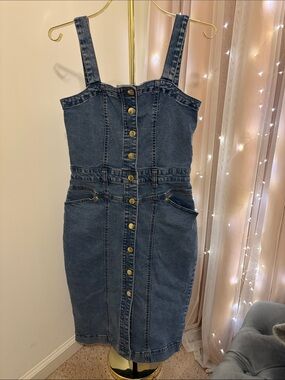 Express Denim Gold Button Front Midi Fit and Flare Dress with Pockets